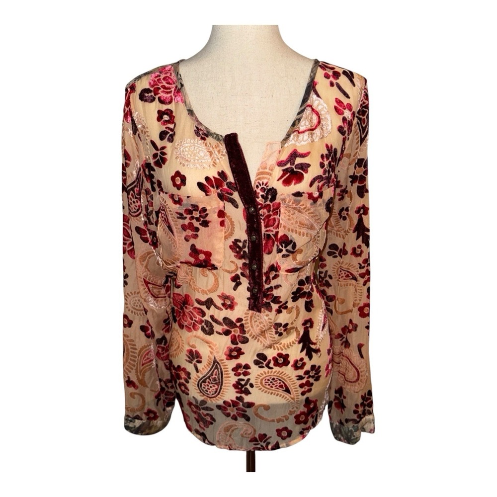 Aratta Silent Journey‎ Sz XL Pink Paisley Floral Burnout Velvet Rose Tunic Top